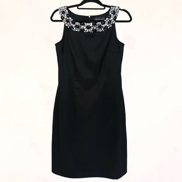 Connected Apparel Women Black Knee Length Sleek Dress with Rhinestone Neckline 8 - Picture 2 of 15